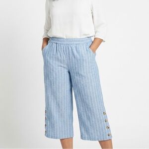 land n sea Women's Pants Wide Leg Cropped Blue/White Stripe Linen Blend Size L